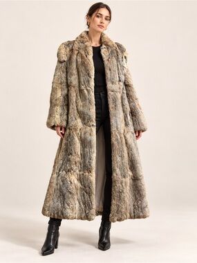 Luxury Long Rabbit Fur Coat - Taupe Multi vintage